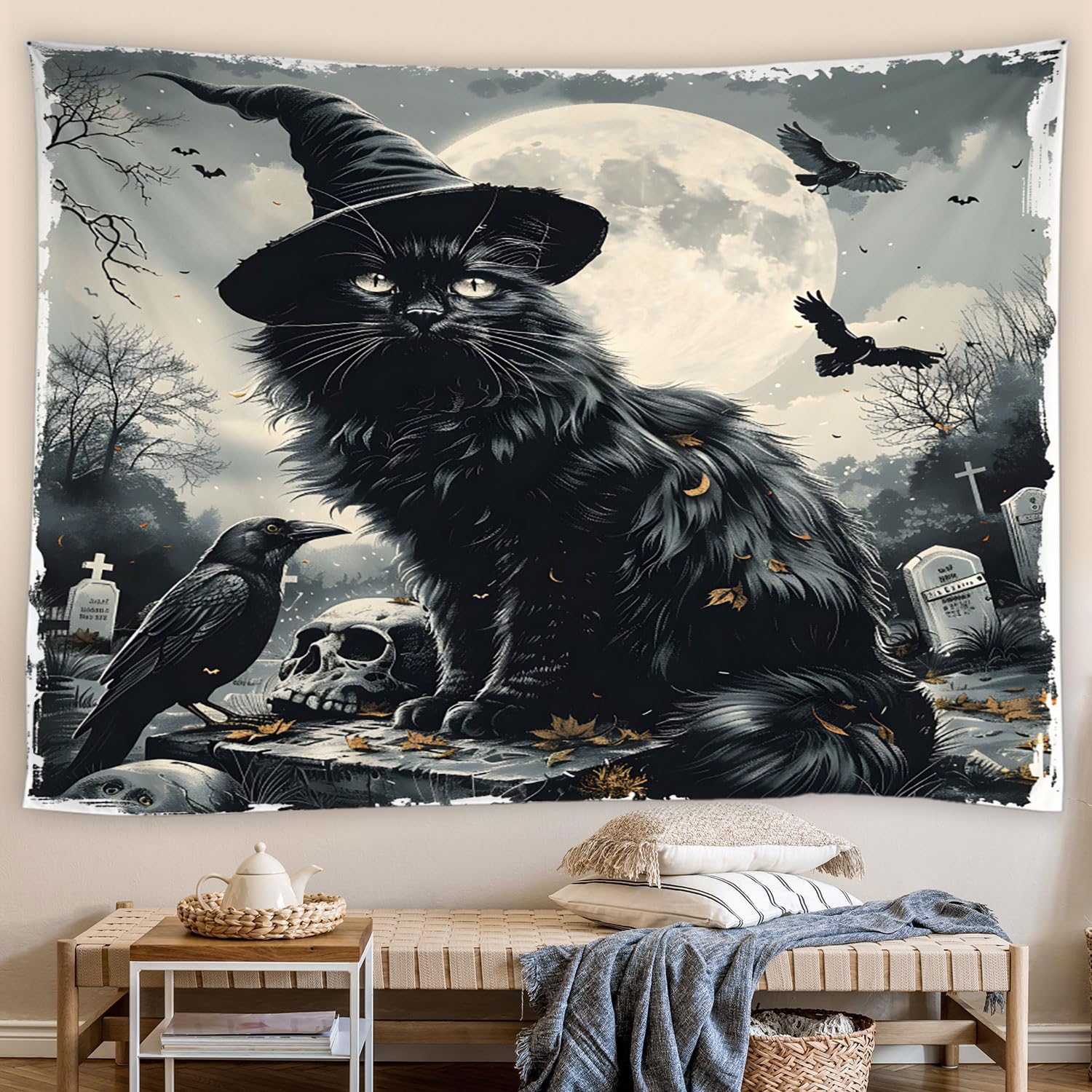 Amazon.com: UOZXOML Spooky Halloween Tapestry Cute Black Cat with